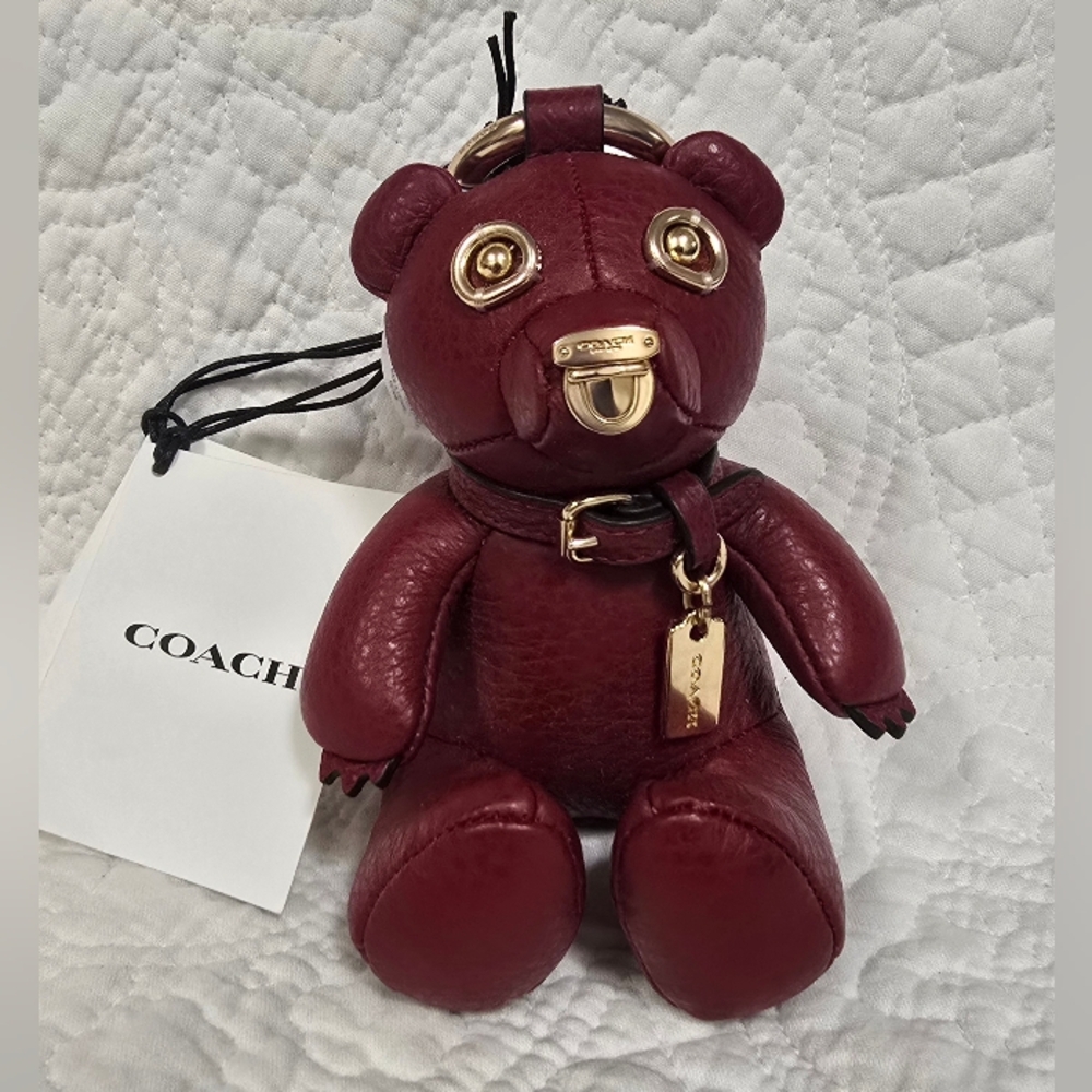 Coach Bear Bag Charm with Gold Accents In Dark Red Leather.
